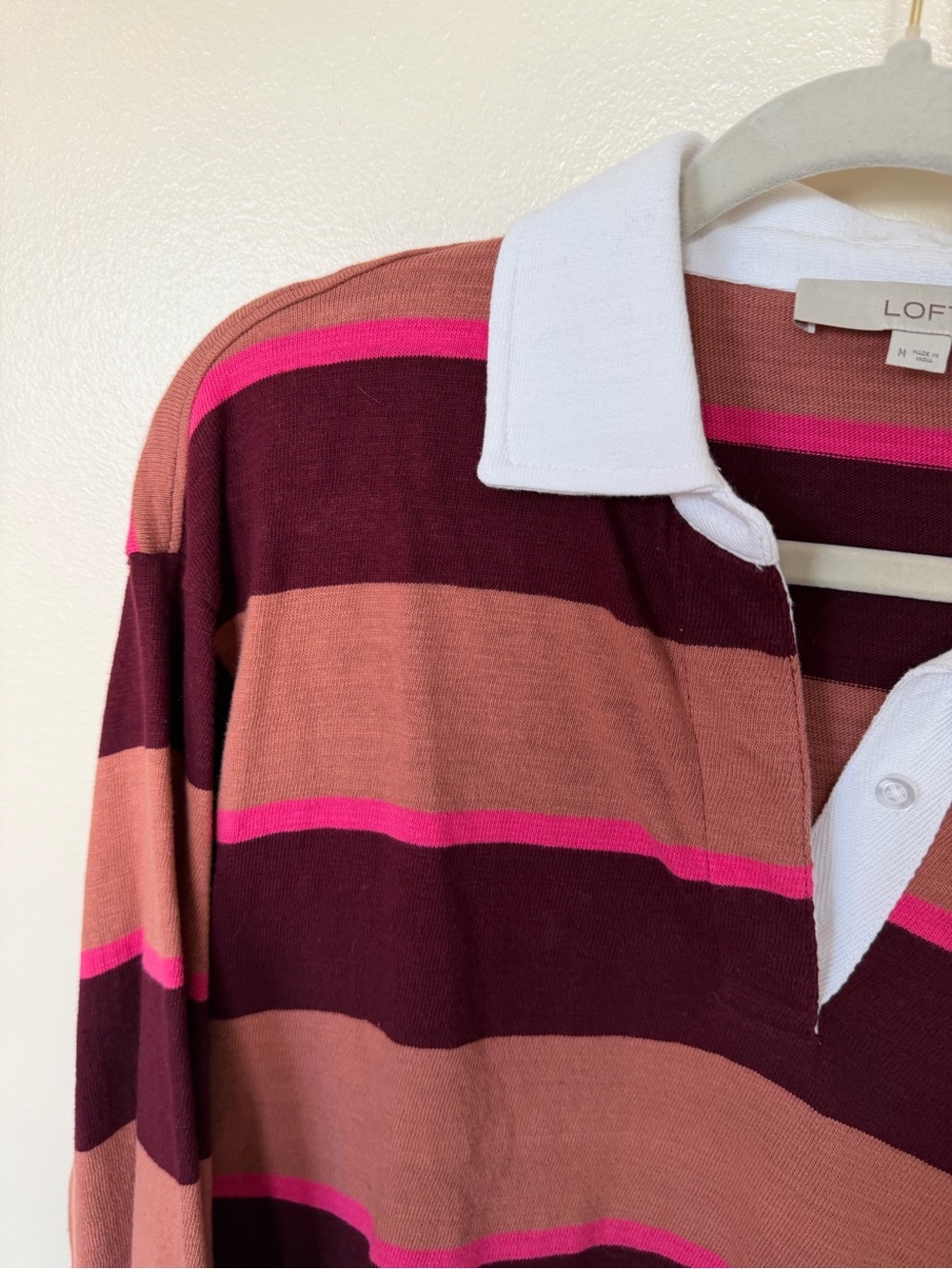 LOFT Maroon & Peach Striped Long Sleeve Polo - Picture 2 of 4